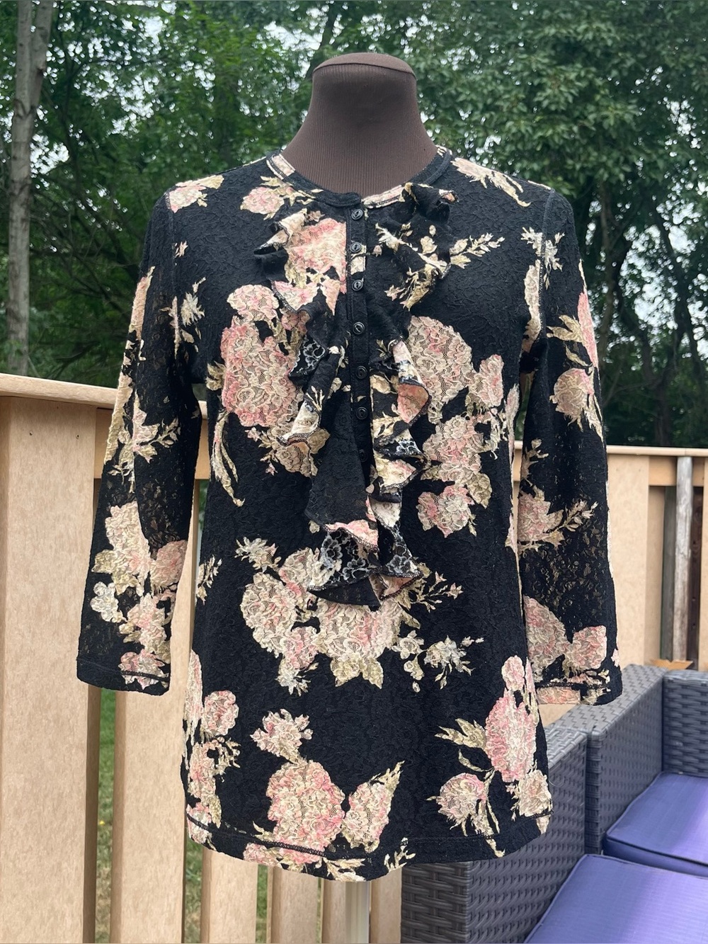 Lauren Ralph Lauren Jeans Co. Women’s Floral Lace Ruffled 3/4 Sleeve Top Size M